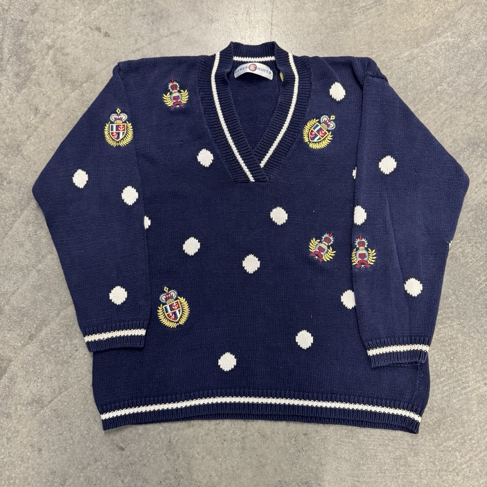 Vintage Karen Scott II Women's 1X Navy Crest Polka Dot V Neck Sweater Preppy
